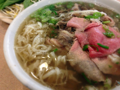 Beef pho with rare beef and tripe