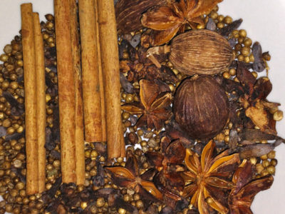 Spices used on making pho broth: star anise, cinnamon sticks, coriander seeds, cardamom, cloves