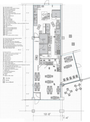 Restaurant floor plan with kitchen equipment specs