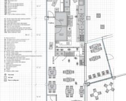 Restaurant floor plan with kitchen equipment specs