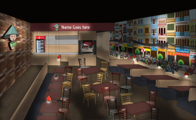 Full color dining room design mock-up for final color selection, furniture and lighting placement.