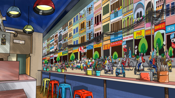 Dining room mural mockup: Saigon street food design